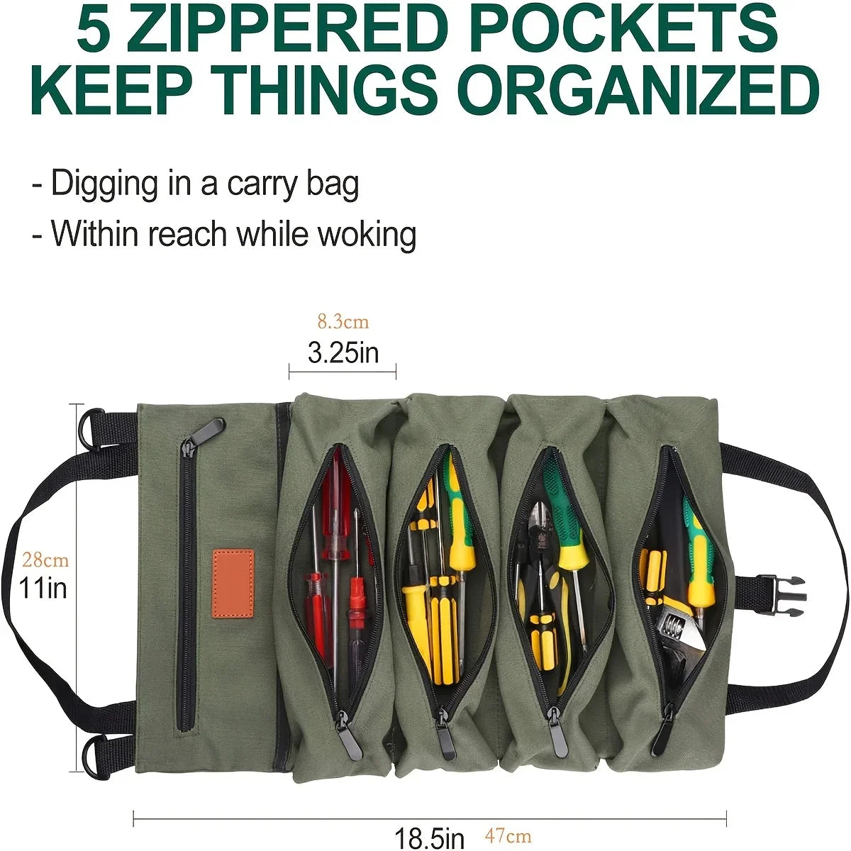 Multi-Purpose Tool Roll with 5 Zipped Pockets