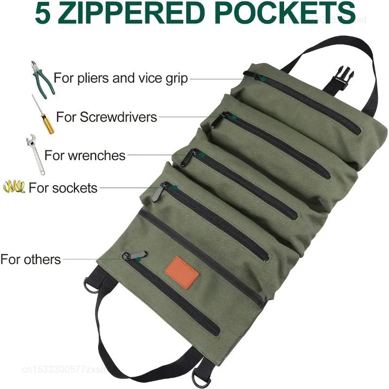 Multi-Purpose Tool Roll with 5 Zipped Pockets